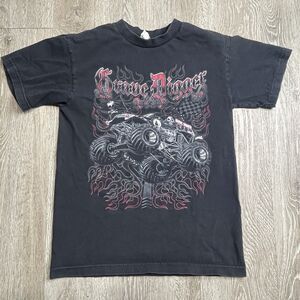 Grave Digger Y2k Graphic T Shirt Size S 2009 Flames Skull ALSTYLE Tag Black Red